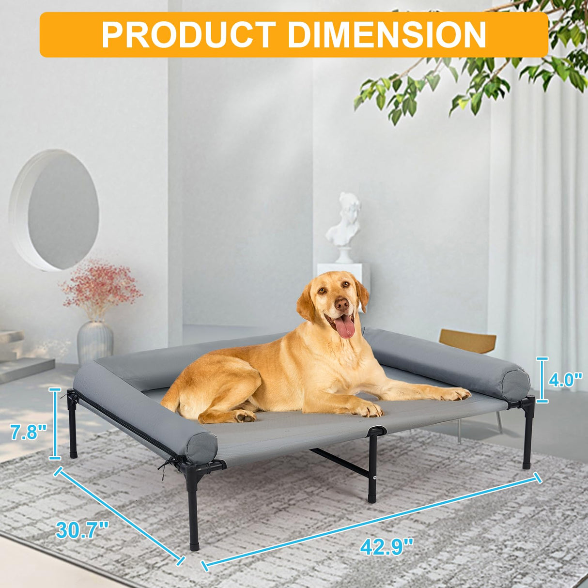 42'' Outdoor Elevated Dog Bed with Pillow, Raised Dogs Bed with Six Support Feet, Breathable Cooling Dog Cot Beds Medium Large Size Dogs, Outdoor Pet Hammock Beds, Pet Beds with 4 Ice Pack(Large)