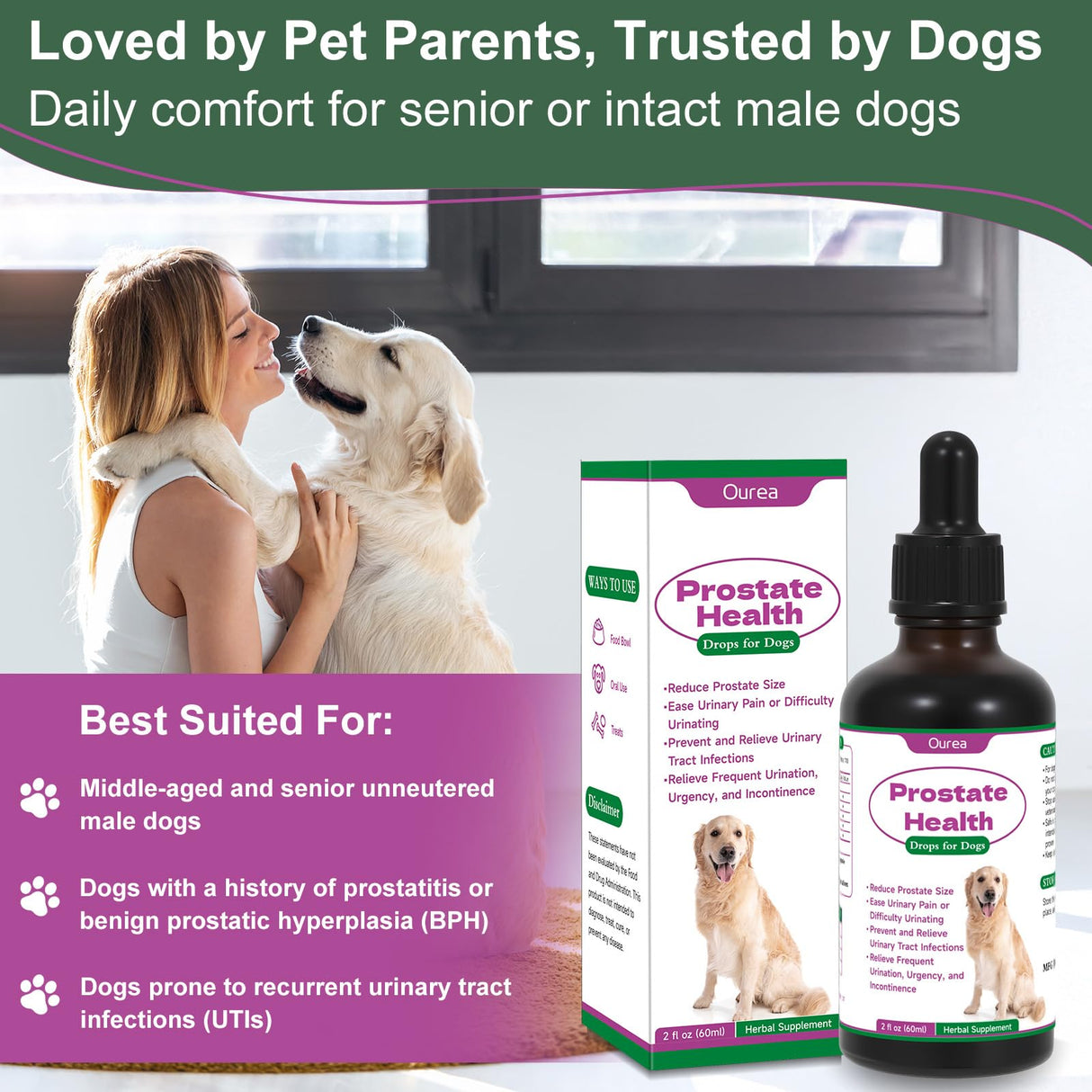 Prostate Health Drops for Dogs, Relieves Enlarged Prostate, Supports Urinary Tract Health Bladder Normal Frequency, Enhances Overall Immune, Herbal Liquid Supplement for Senior and Intact Male Dogs