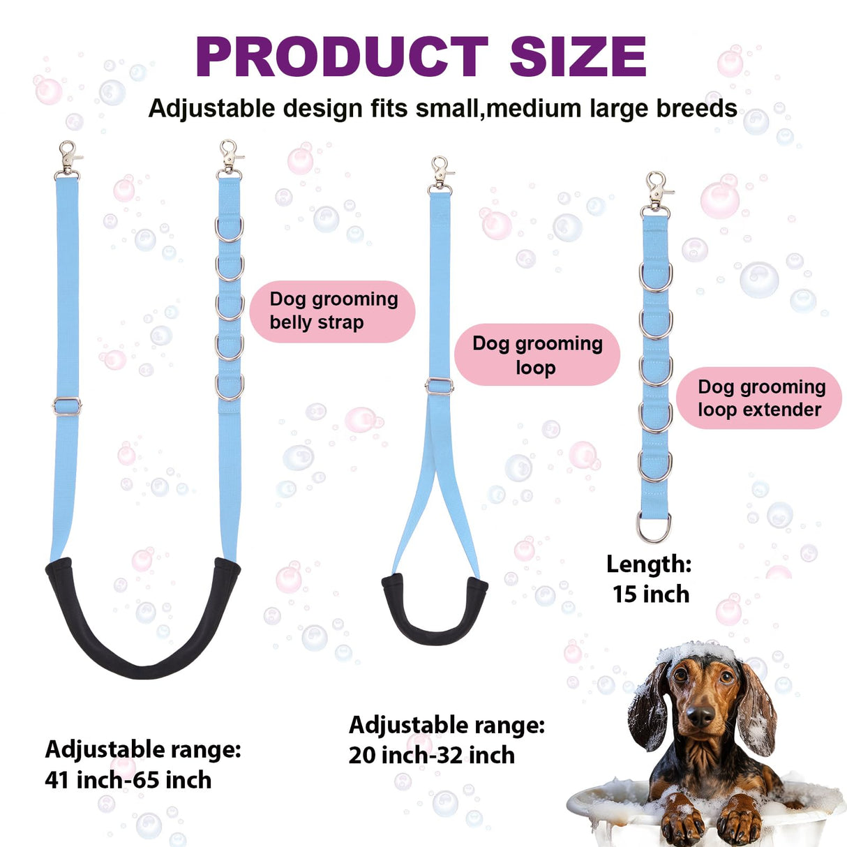 Dog Grooming Belly Strap - 3PCS Grooming Restraint Set Adjustable Belly Band Loops Strap with Padded Support & Loop Extension Straps Pet Grooming Harness Kit for Dogs (Sky Blue)