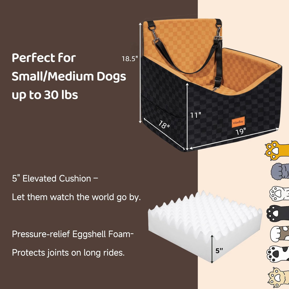 Dog Car Seat for Small Dogs, Portable Booster Seat with Memory Foam, Removable Washable Cover, Storage Pocket & Anti-Anxiety Elevated Design for Medium Dogs Under 35 lbs (Brown, Medium)