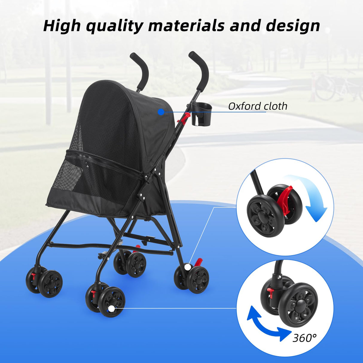 COOLCRAB Pet Stroller Oxford Cloth Foldable Dog Strollers for Small Dogs and Cats Suitable for All Road Surfaces Wide-View Panoramic Window 4 Wheels with Brakes Portable Design, Easy to Store (Blue)