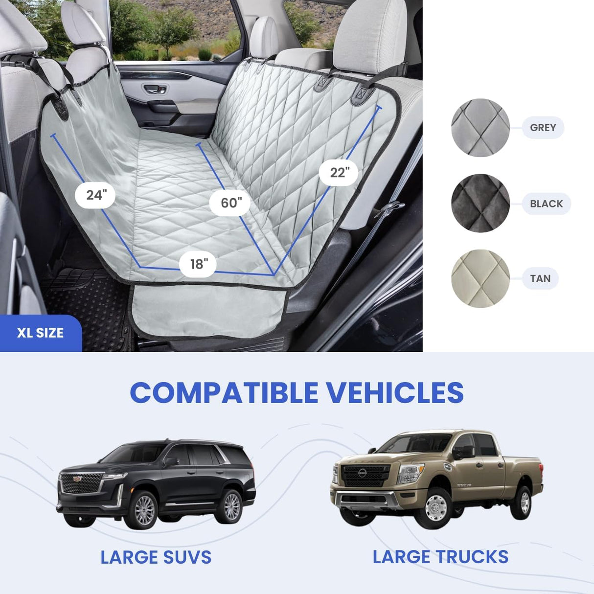 4Knines Dog Backseat Cover with Hammock for Cars, SUVs, and Trucks – Waterproof Layers, Nonslip Seat Protector, Durable Nylon Clips, K9 Shield with Heavy Duty Thread, (Extra Large, Grey)