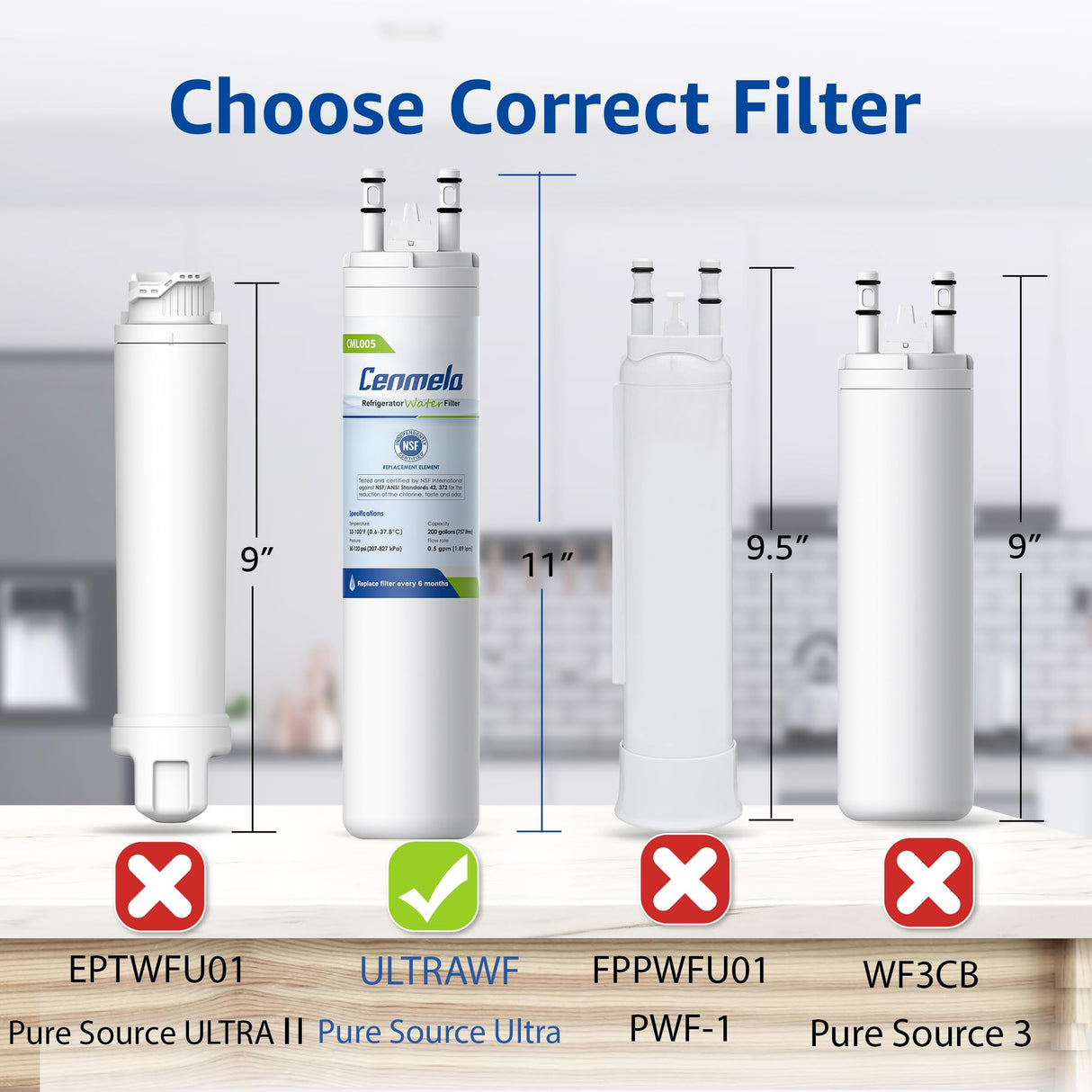 Cenmela CML005 Compatible with Frigidaire ULTRAWF, Pure Source Ultra, Kenmore 9999, 469999, 46-9999, A0094E28261, 242017801, 241791601 Water Filter, Height 11 inches, Pack of 1