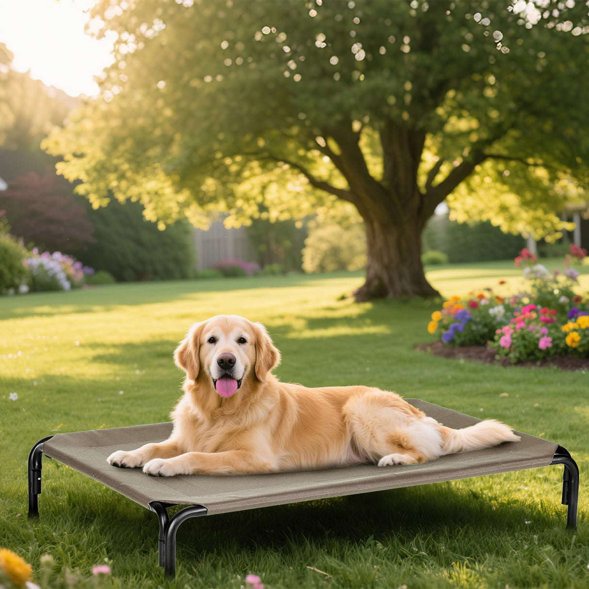 PVY Elevated Dog Bed for Outdoor, XXXL Raised Dogs Cot with Washable Mesh, Cooling Pet Beds Chew Proof Dog Hammock, Metal Frame Lifted Platform for Training Outside Camping, 59 inch Brown