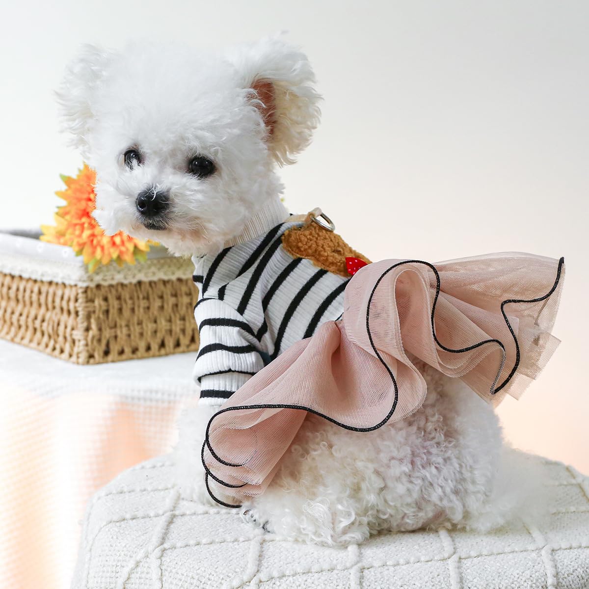 Dog Dress Tutu Skirt Bear Pattern Puppy Princess Striped Dress Elegant Small Girl Dog Clothes Bowknot Small Dog Dresses Cat Apparel Summer Dog Clothes Comfortable Breathable Outfits