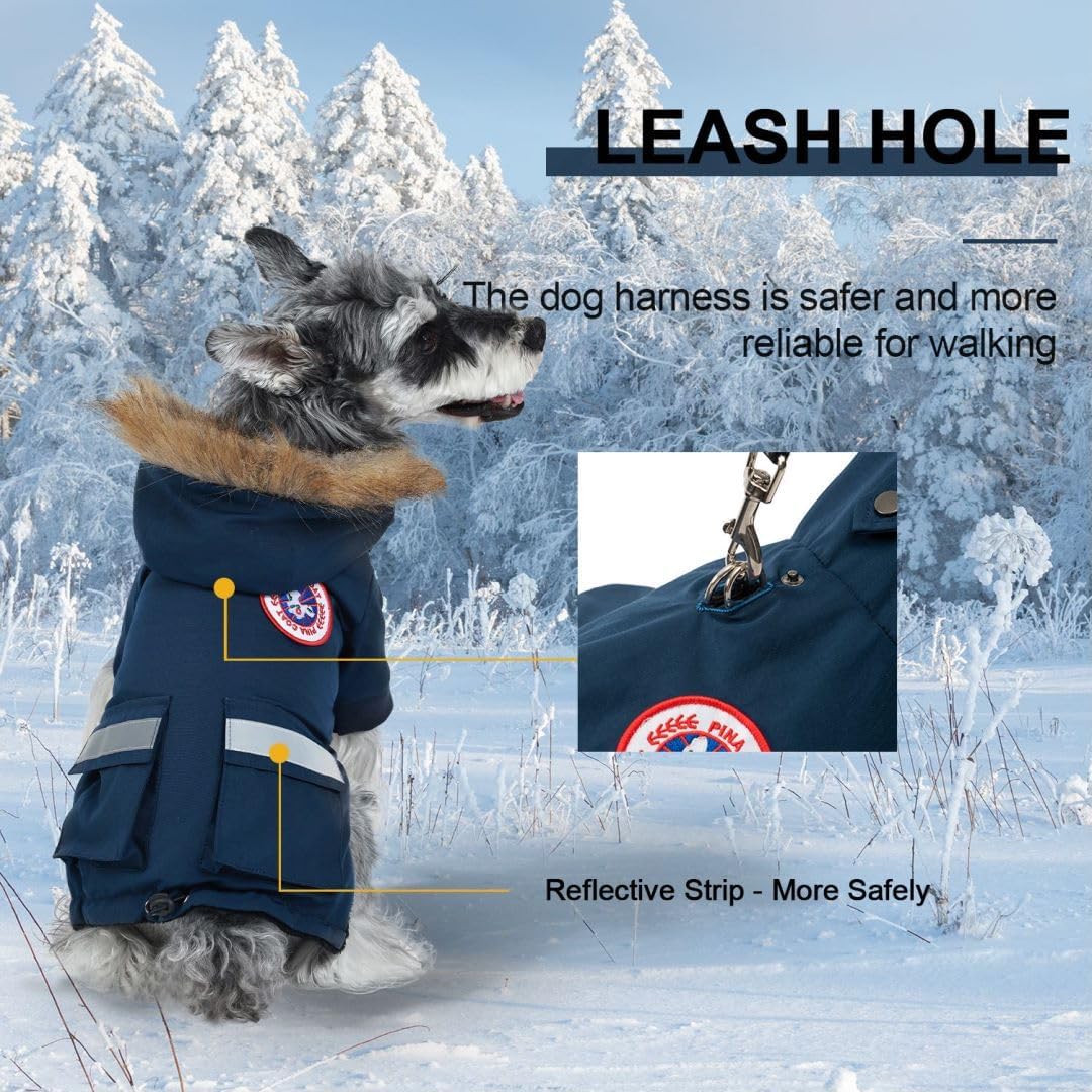 PINA Small Dog Coats - Waterproof, Warm Winter Jacket with Faux Fur Hood, Reflective, Flannel Lined, Windproof, Pocket