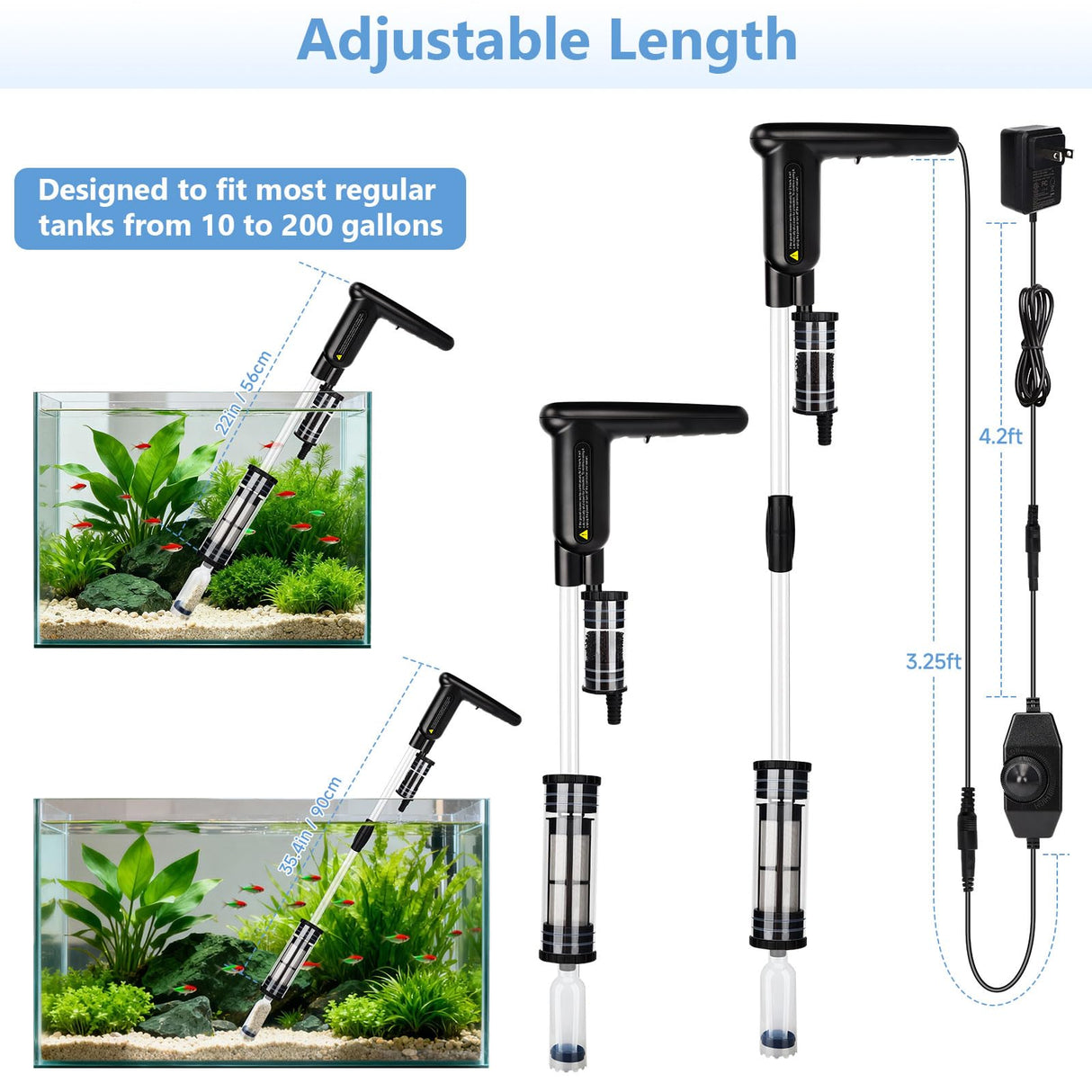 AQQA Upgraded DC 18W Electric Aquarium Vacuum Gravel Cleaner, Anti-Clog Pre-Filter Design, 7-in-1 Multifunctional Fish Tank Cleaning Kit for Dirt Removal, Water Change, Sand Washing, Turtle Shower