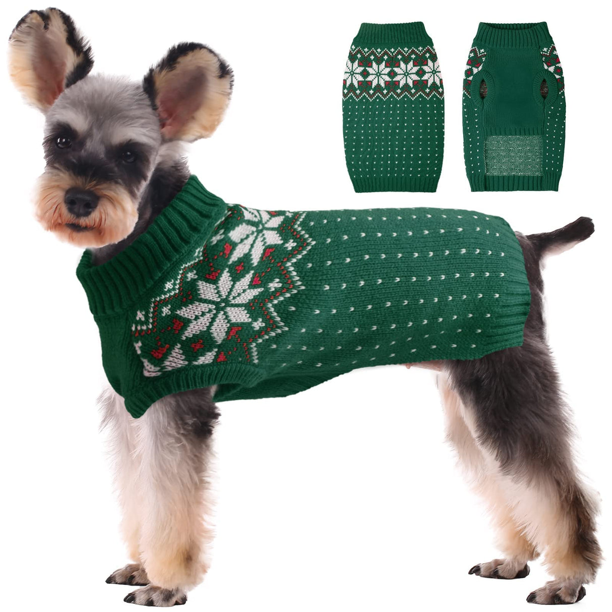 Kuoser Dog Christmas Sweater, Soft Warm Xmas Sweaters for Small Medium Large Dogs Boy Girl, Comfortable Dog Sweater with Leash Hole Snowflake Puppy Knit Outfit for Holiday Winter Fall, Green 2XL
