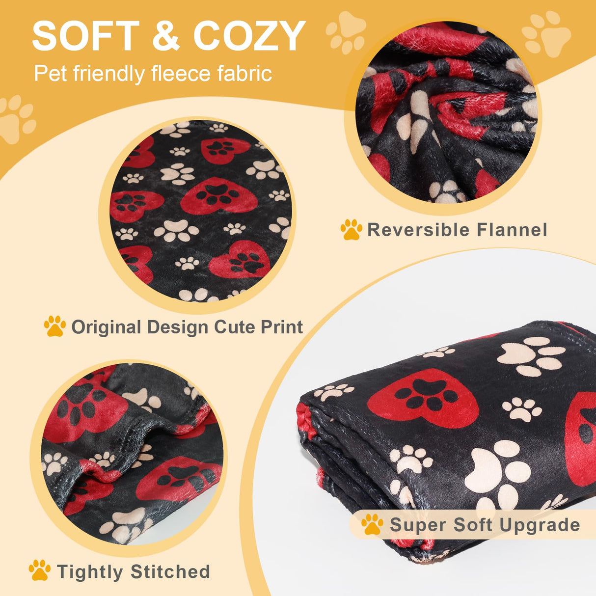 Gowyeg Dog Blankets for Large Dogs, 80"x60" Blanket Washable, Fuzzy Soft Pet Mat Throw Cover for Kennel Crate Bed, Cute Paw Pattern, Cat Blanket, Gifts Medium Small Pet Essentials, Black Red
