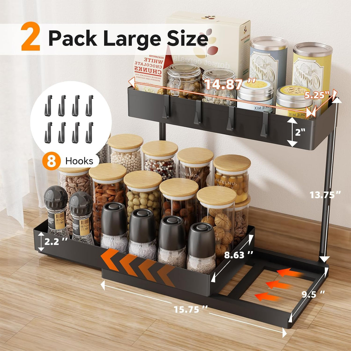 Under Sink Organizer 2 Pack, 2 Tier Cabinet Organizer with Sliding Basket, Multi-Purpose Sink Storage Basket with 4 Hooks for Kitchen Bathroom, Black