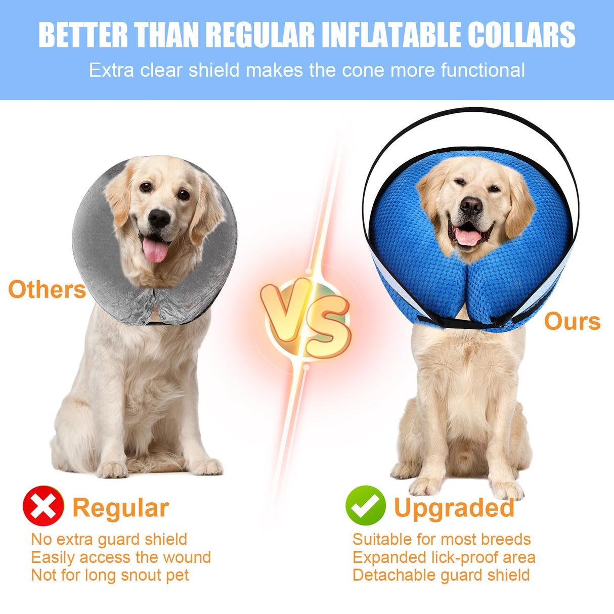 2-in-1 Soft Inflatable Dog Cone Collar Alternative with Enhanced Anti-Licking Guard Shield, Dog Donut Collar After Surgery, Adjustable Cones for Large Medium Small Dogs and Cats (Blue,L)