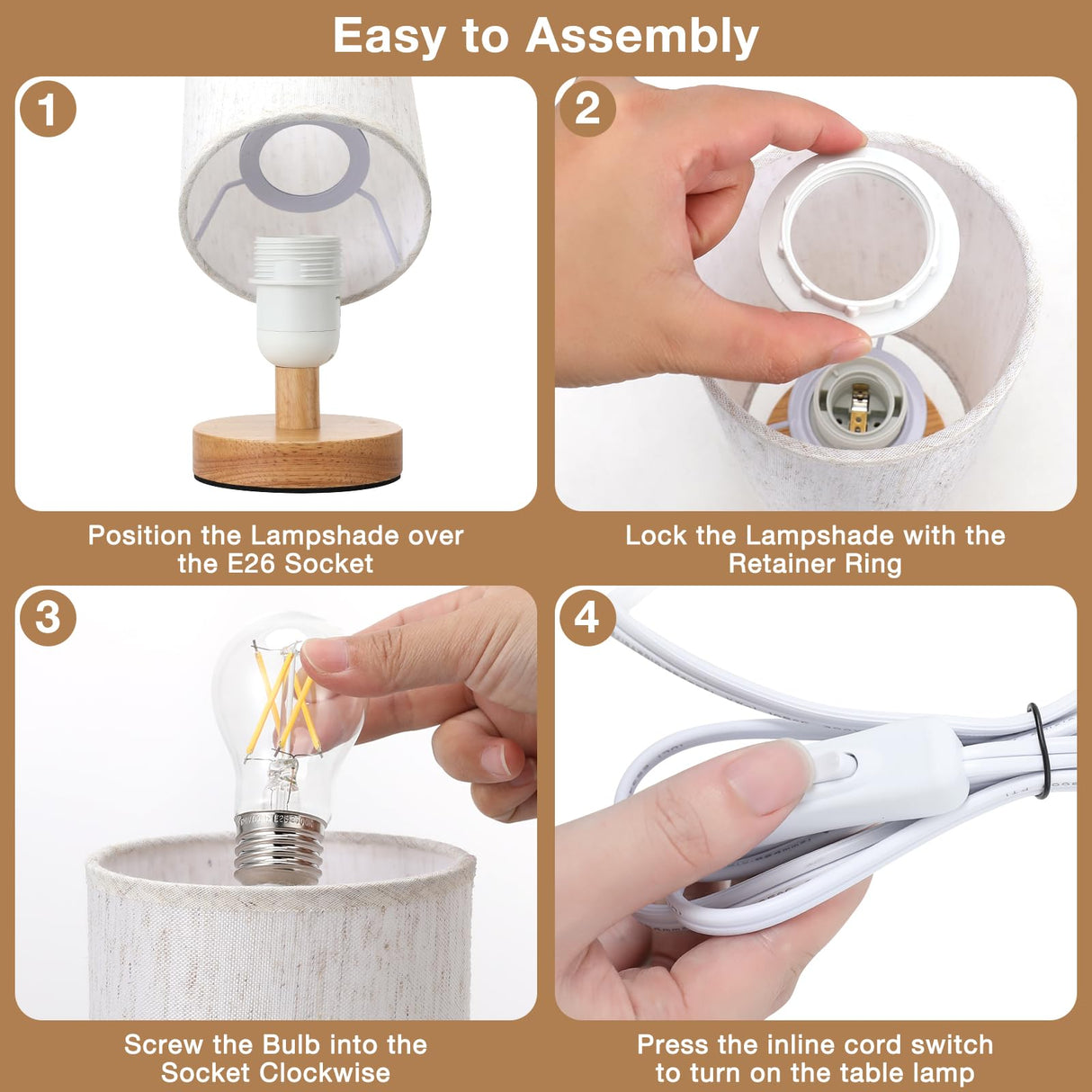 Fenmzee Small Table Lamp for Bedroom - Inline Control, Bedside Lamp with 3000K A15 LED Blub, Easy Assembly (Cream Shade - Wood Base, 9" Inline Control)
