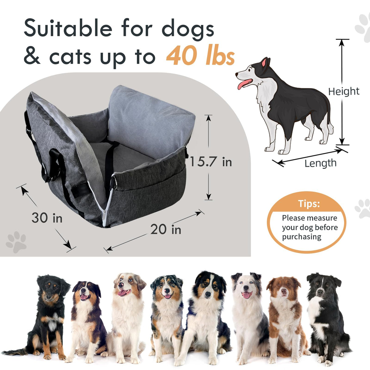 LELEFIDO Dog Car Seat for Small/Medium Dogs Under 40 lbs - Elevated Pet Seat with Safety Belt, Non-Slip Base, and Storage Pockets for Car Travel (Gray, 30 x 20.5 inch)