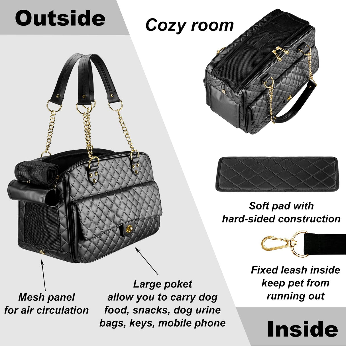 NewEle Fashion Dog Purse Carrier for Small Dogs with Large Pockets, Holds Up to 8lbs Quality PU Leather Pet Carrier, Cat Carrier, Airline Approved Puppy Purse Carrier for Travel (Black, Small Size)
