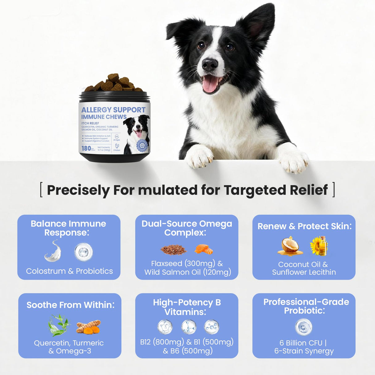 Pawfect Vita Dog Allergy Skin Relief Chews for Hotspot & Dry Skin, Itchy Skin Relief Supplement for Dog Paw Licking, Anti-Itch Soft Chews with Colostrum-Fish Oil-Probiotic to Boost Immune System 180ct