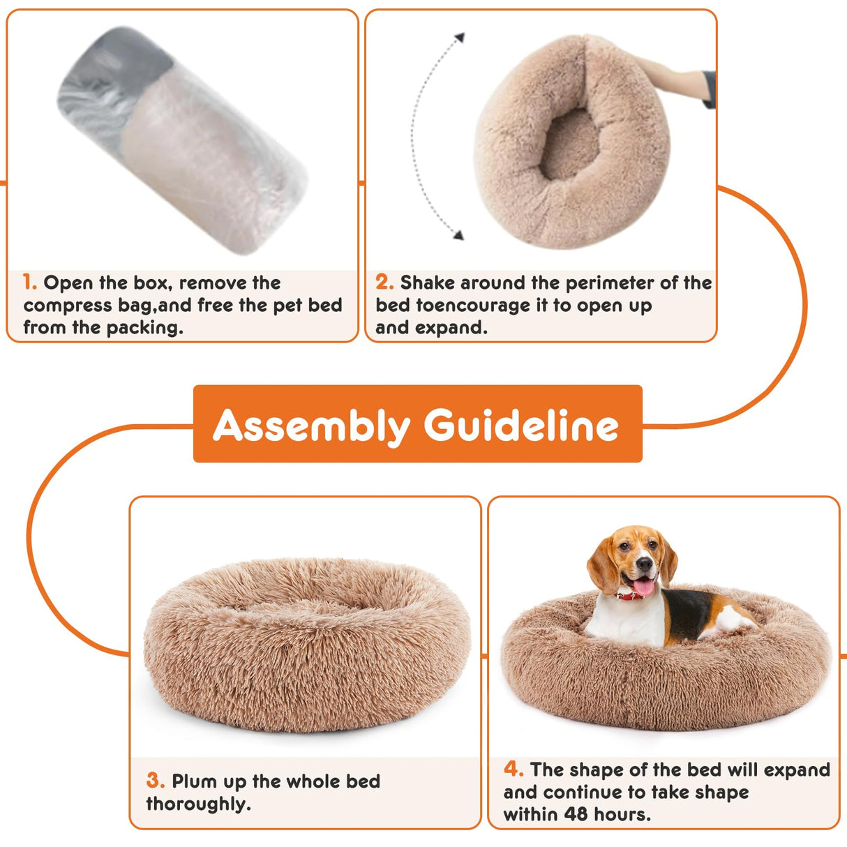Sweetcrispy Donut Dog Bed, XL Large Round Calming Cat Bed with Washable Waterproof Cushion, Anti-Anxiety & Anti-Slip Fluffy Cuddle Cozy Faux Fur Plush for Pet Puppy Indoor Sleeping(37.4"x3.47",Brown)