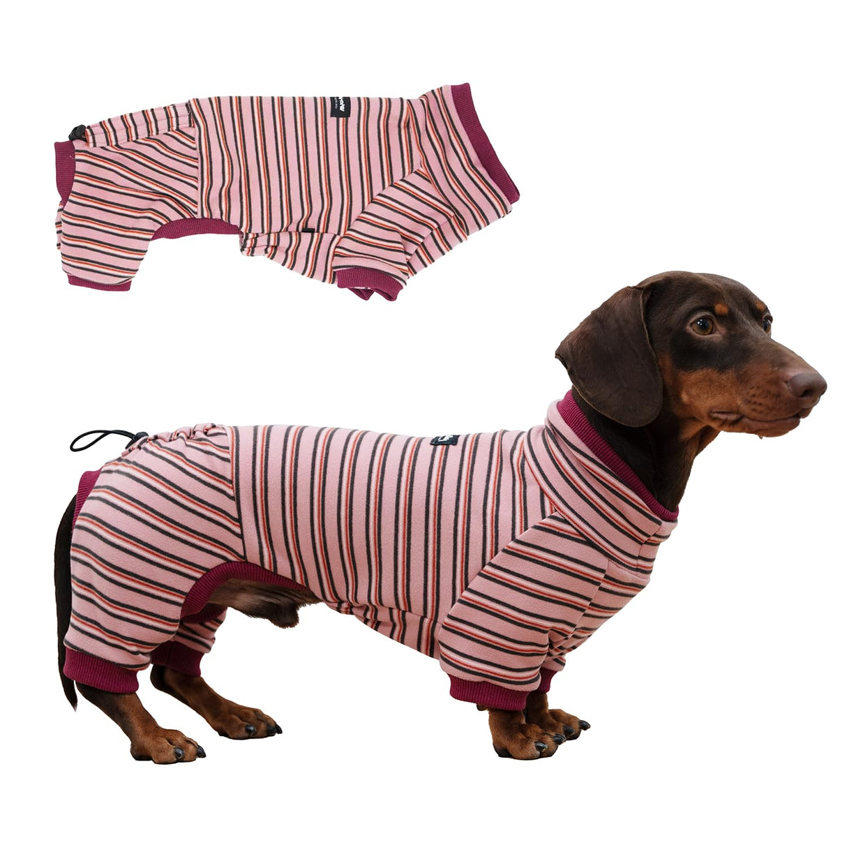 WienieDay Four-Legged Dachshund Shirt, Striped Thermal Velvet Fleece, Adjustable Back Fit, Stretchy Cozy Outfit for Mini Dachshunds & Small/Medium Dogs (Pink, Small(7-11lbs))