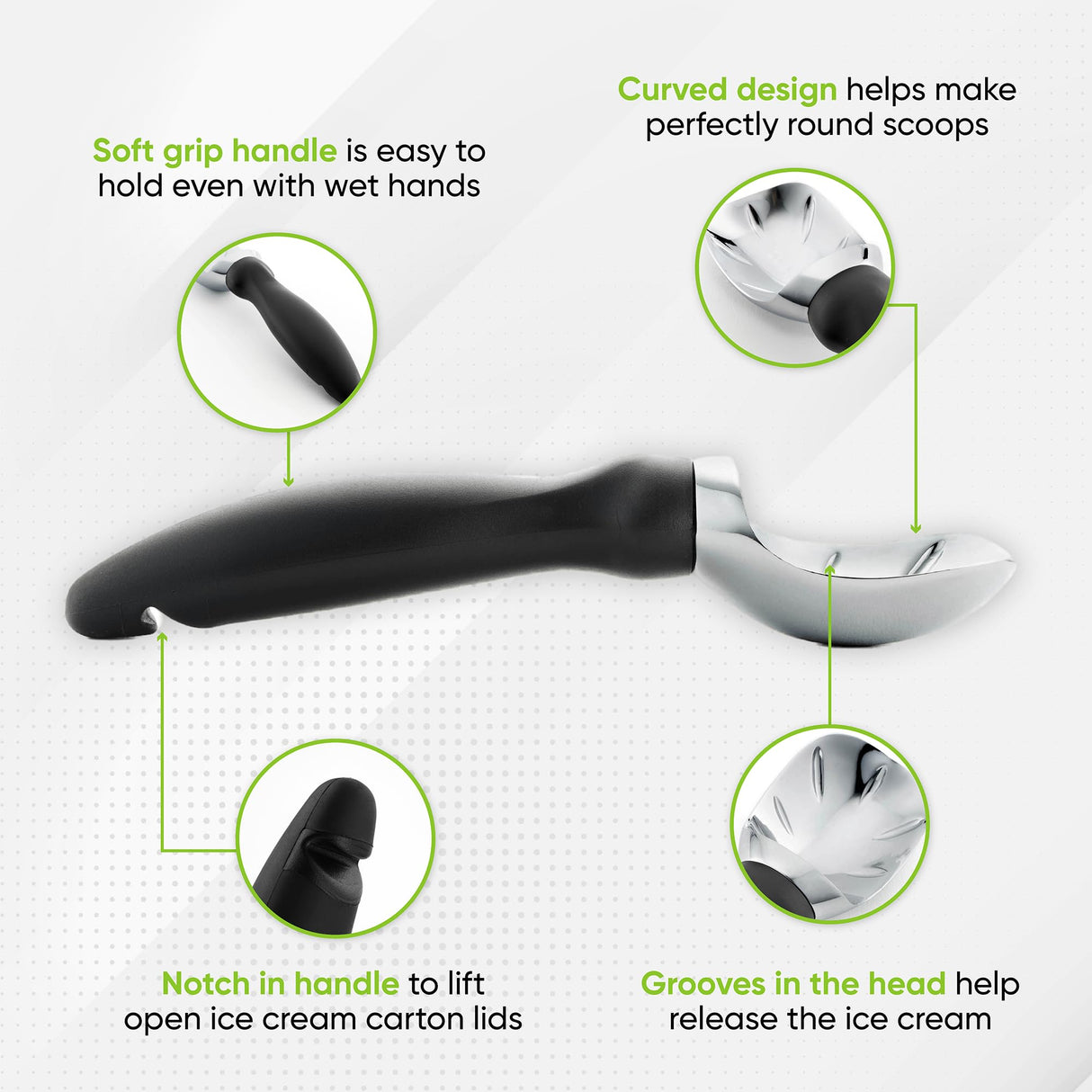 Heavy Duty Ice Cream Scoop with Comfortable Handle - Professional Ice Cream Scooper for Gelato, Sorbet, Cookie Dough, Melon, Frozen Yogurt - Dishwasher Safe Metal Kitchen Tool - Black