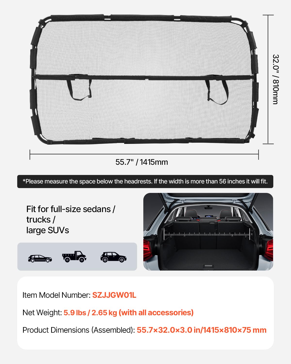 VEVOR Dog Car Barrier, 56" Wide Car Divider for Front Seats Installation, Vehicle Pet Barrier with See Through Net Mesh, Universal-Fit Dog Car Barrier for Full-Size Sedans, Trucks, and SUVs, Black