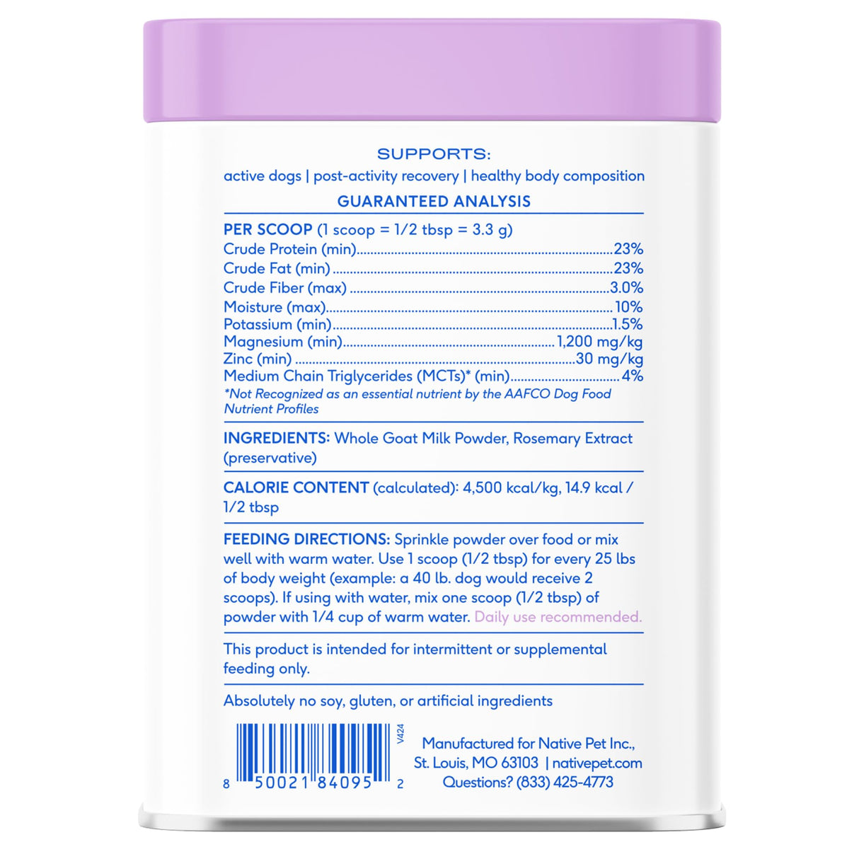 Native Pet Goat Milk for Dogs - Organic Goat Milk Powder for Dogs and Cats - Puppy Formula Dairy Replacement Packed with Protein & Vitamins for Immunity, Recovery & Growth for Active Pups - 60 Scoops