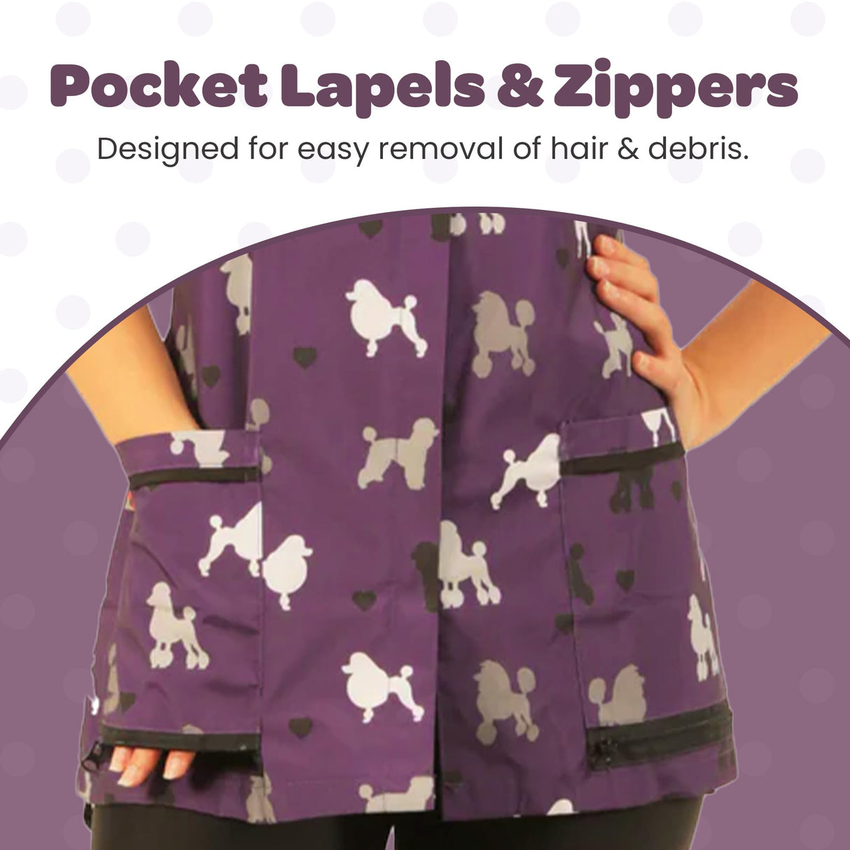 Ladybird Line 710 Purple Poodle Print Waterproof Dog Grooming Smock, Hair and Bleach Resistant with Covered Zipper Panel, Mesh Back, and Back Tie Belt, Ideal for Pet Groomers and Vet Clinics - XL