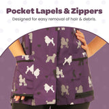 Ladybird Line 710 Purple Poodle Print Waterproof Dog Grooming Smock, Hair and Bleach Resistant with Covered Zipper Panel, Mesh Back, and Back Tie Belt, Ideal for Pet Groomers and Vet Clinics - XL