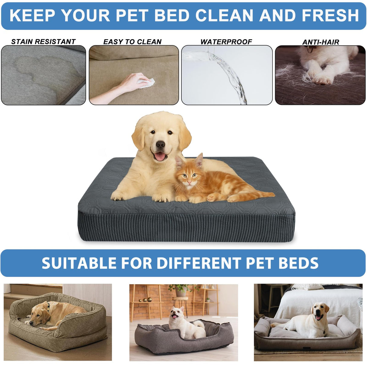 TOPHMDECOR Dog Bed Cover Waterproof, Non-Slip Rectangular Pet Bed Protector for Dogs & Cats, Removable Washable Bed Sheet Replacement,44"x35"x8",Gray,2Pcs,Covers Only