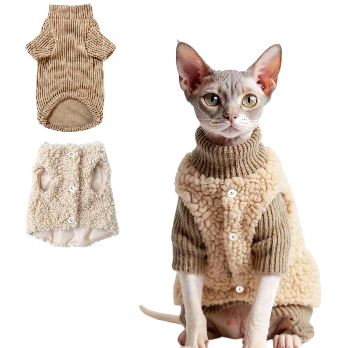 Kinphony Cat Costume & Puppy Clothes 2-Piece Set, Soft Warm Lamb-Fleece Jacket & Breathable Knit Sweater for Small Dogs & Kittens, Size Large
