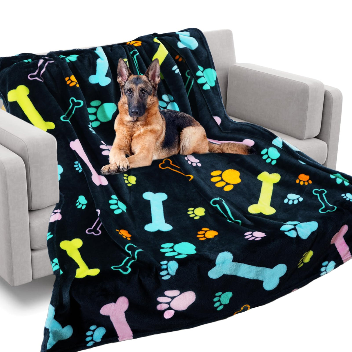 Rezutan Blanket for Large Dogs, Cat Flannel Washable Soft Pet Mat Throw Cover for Kennels-Beds, Sofas, Furniture Protection, Cute Paw Pattern, Black, 80x60 Inch