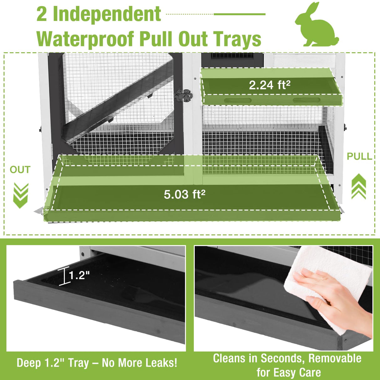 Gutinneen 2-Story Rabbit Hutch Bunny cage with Chew-Proof Ramp, Locking Leak-Proof Trays - Indoor/Outdoor 39.3" Wooden Rabbit Cage with Wheels for Rabbits, Guinea Pigs, Small Animal (Black and White)