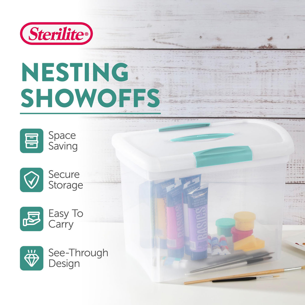 Sterilite Large Nesting ShowOffs, Stackable Small Storage Bin with Latching Lid and Handle, Plastic Container to Organize Office Files, Clear, 6-Pack