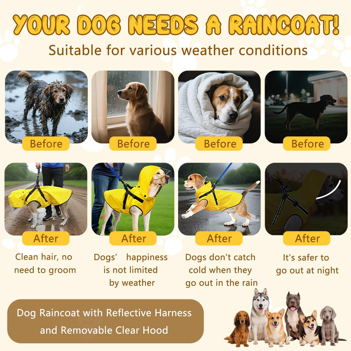 Dog Raincoat: Dog Rain Jacket with Reflective Harness & Removable Hood | Waterproof Dogs Rain Coat Poncho for Large Medium Small Dogs Puppies (Yellow - M)