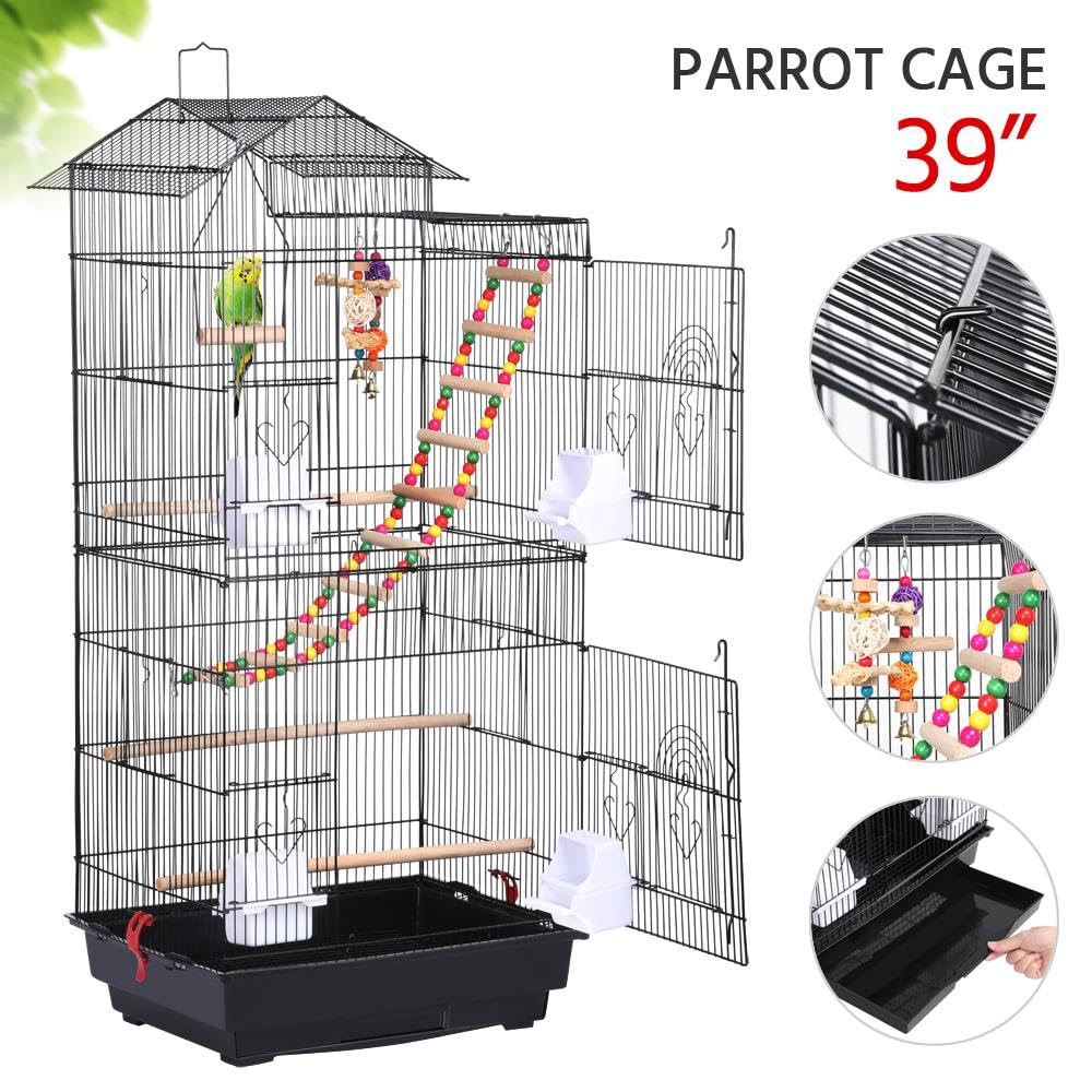 Yaheetech 39-inch Roof Top Large Flight Parrot Bird Cage for Small Quaker Parrot Cockatiel Sun Parakeet Green Cheek Conure Budgie Finch Lovebird Canary Pet Bird Cage w/Toys