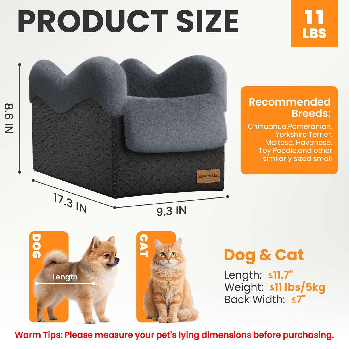 Mavora Max Portable Small Dog Seat for Car, Luxury Center Console Dog Car Seat Booster with Safety Tethers, Anti-Collapse Pet Travel Carseat for SUV, Truck (Black/Grey)