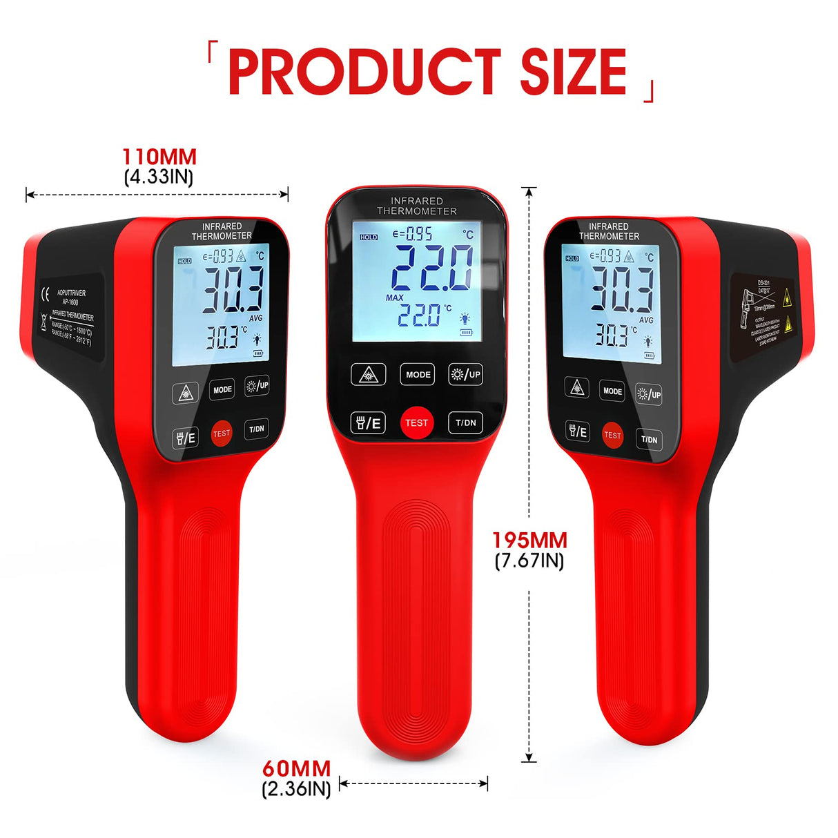 Pyrometer Infrared Thermometer Gun, Non-Contact Thermometer with Temp Range -58°F to 2912°F, DS=30:1, Laser Thermometer with Adjustable Emissivity, Backlight for HVAC Pizza Oven-AP-1600