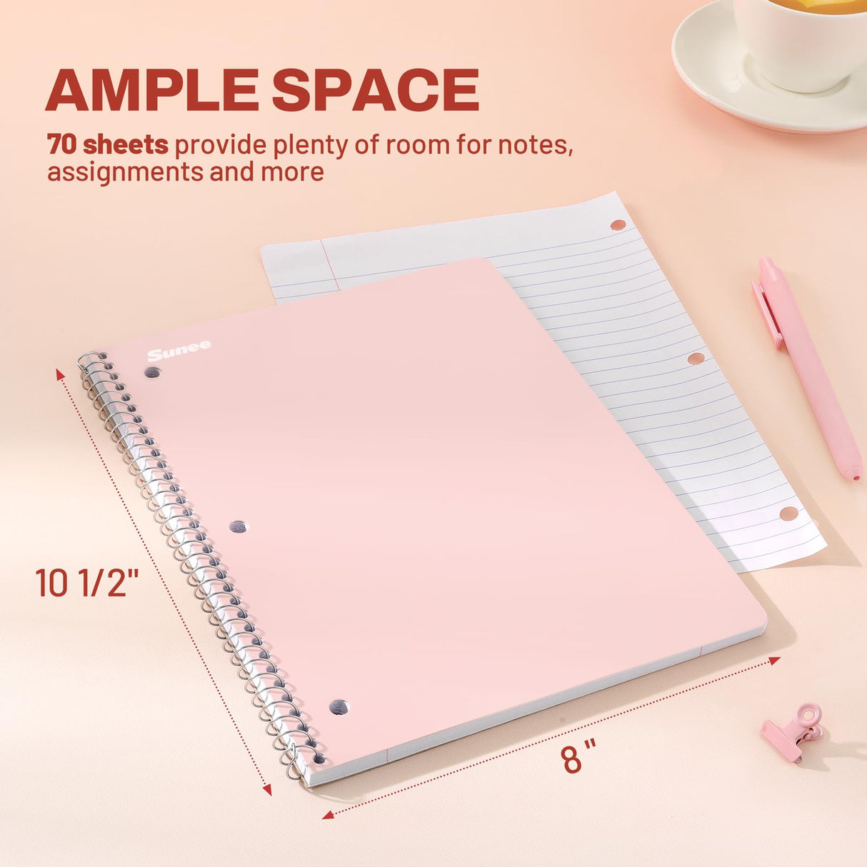 SUNEE Spiral Notebooks, 1-Subject, 5 Pack, College Ruled Paper, 8" x 10-1/2", 70 Sheets per Notebook,3-Hole Punched Paper, Pink,Purple, Blue, Green, Yellow Spiral Lined Notebooks for School,Work
