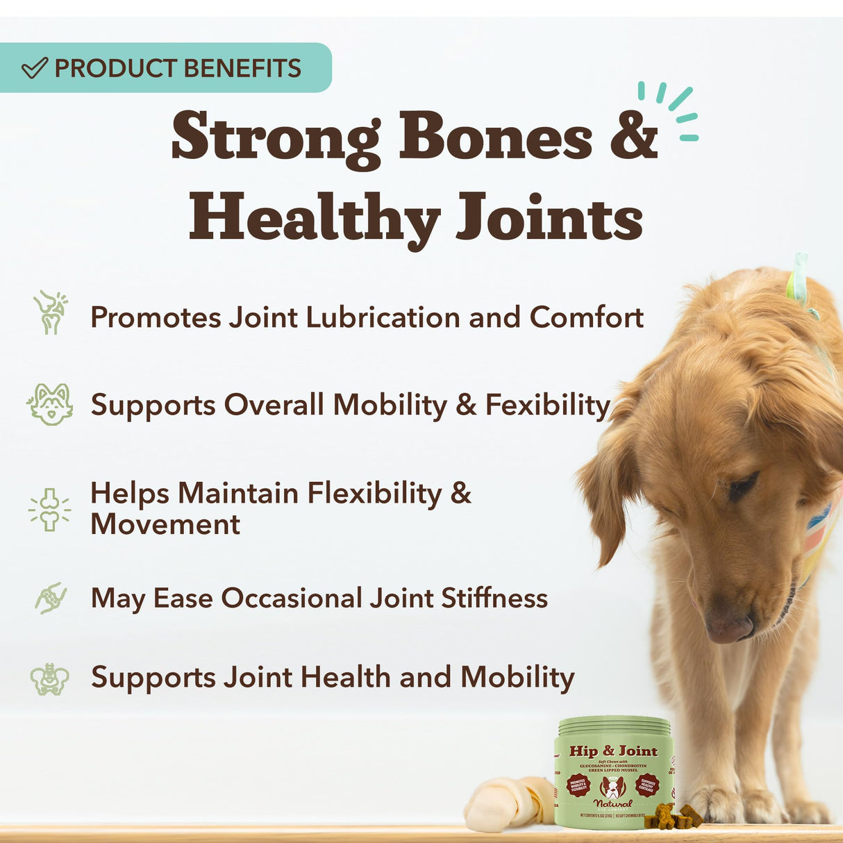 Natural Dog Company Hip & Joint Supplement for Dogs – Supports Mobility, Flexibility & Comfort, Glucosamine, Chondroitin, MSM & Turmeric, Chicken Flavor, 90 Count