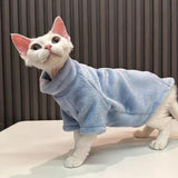 Urnat Cat Flannel Clothes, Warm Soft Winter Sweater Jumpsuit Shirt Clothing for Hairless Sphynx Devon & Indoor Kittens (Blue,XL)