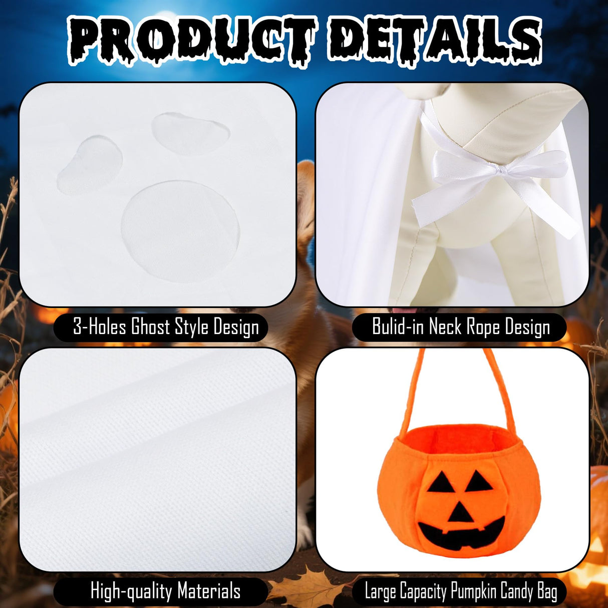PAYHTOW Dog Halloween Costumes, Dog Ghost Costume Funny Pet Ghost Costume with Pumpkin Candy Bag for Small Medium Large Dogs Pets (Large)