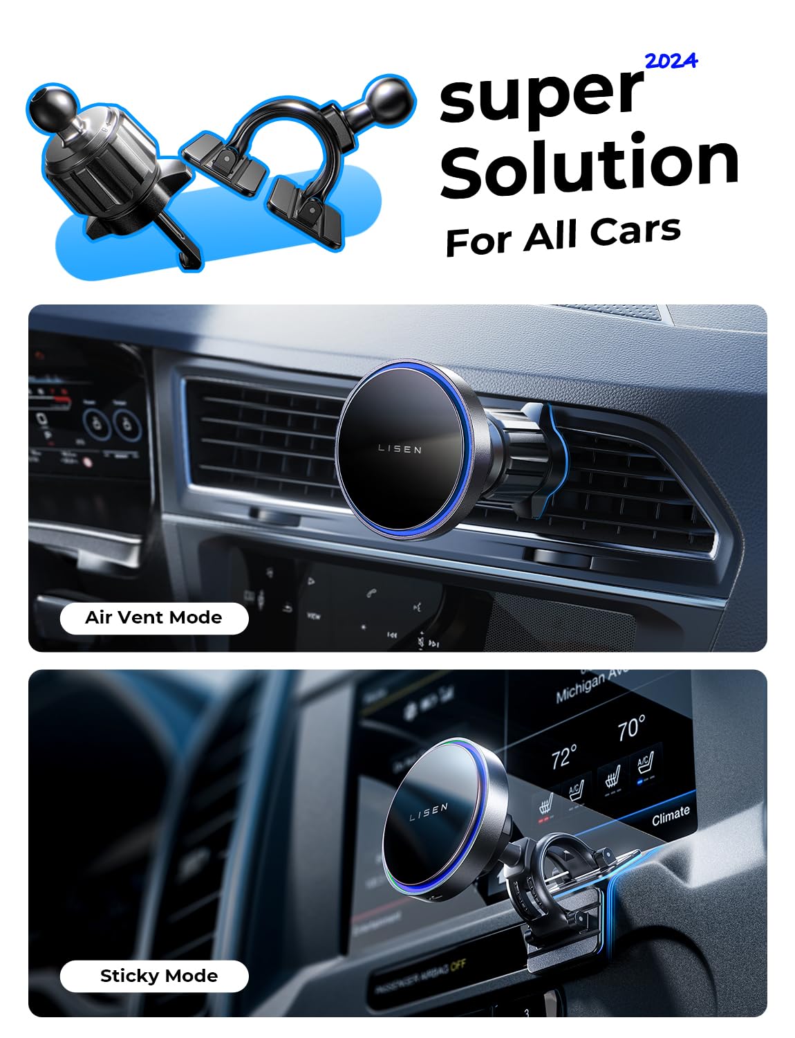 LISEN for 15W MagSafe Car Mount Charger,Universal iPhone Magnetic Wireless Car Charger,MagSafe Charging Mount Wireless for iPhone 16 Pro Max Accessories Fits iPhone 16 15 14 13 12,Black