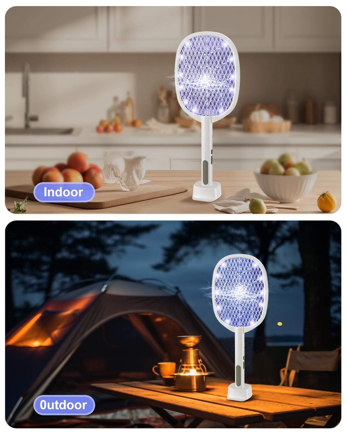 Electric Fly Swatter,4000V Bug Zapper Racket,2 in 1 Mosquito Zapper Racket with 1200ml Battery Rechargeable Purple Mosquito Killer Lamp with 3 Layers of Safety Net Suitable for Indoor and Outdoor