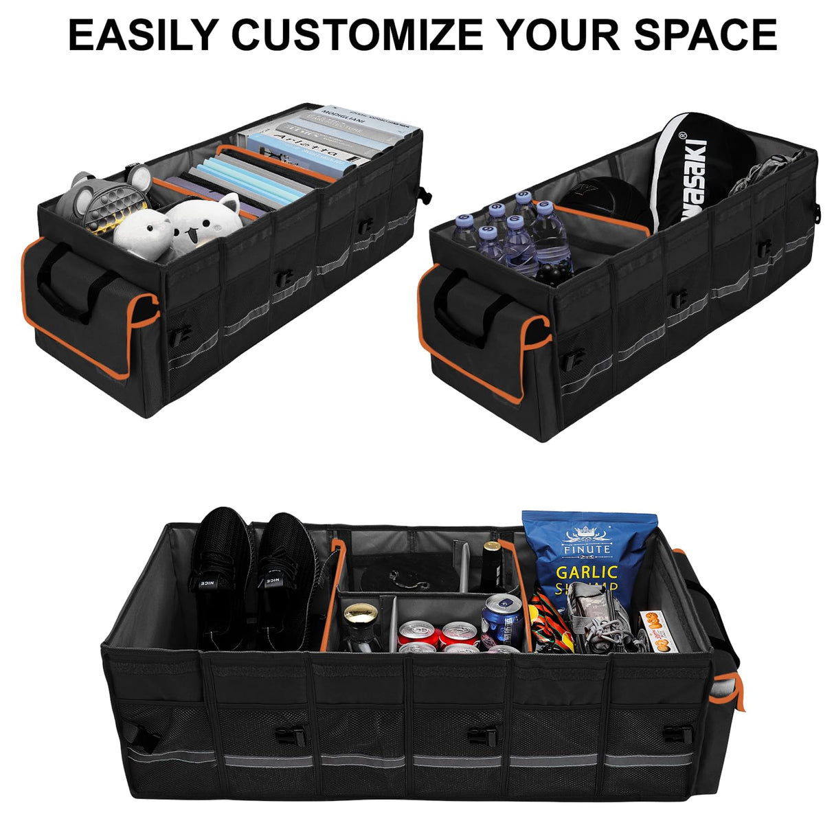 Car Trunk Organizer and Storage with Lid & Removable Leakproof Cooler Bag, Car Accessories 6 Removable Dividers for Custom Space, Collapsible Large Trunk Organizers Interior for SUV Sendan with Cover