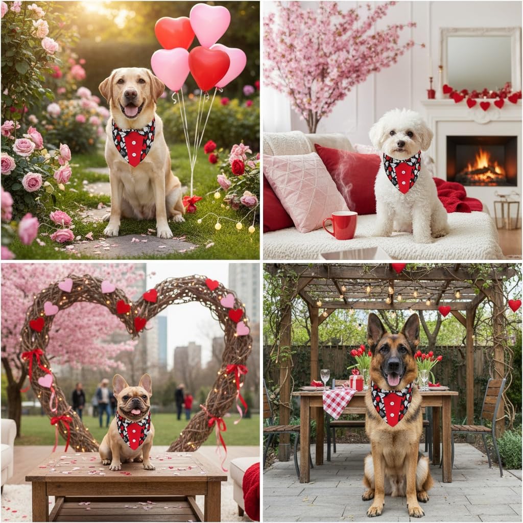 ADOGGYGO Valentine Dog Tuxedo, Red Black Heart Pet Bowtie Collar, Adjustable Valentine Bandana for Extra Large Dogs (XL)