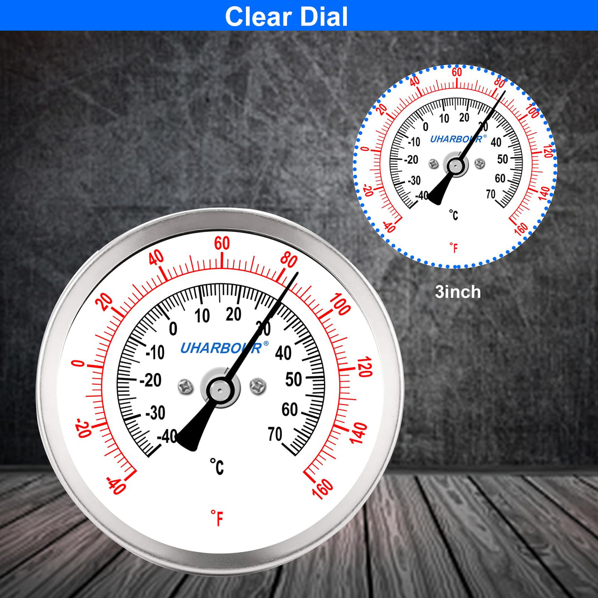 UHARBOUR Water Temperature Gauge, 3" Dial Fully StainlessSteel Water Temp Gauge, Water Thermometer with 2-1/2" Stainless Steel Stem, -40 to 160°F, 1/2" NPT Back Mount