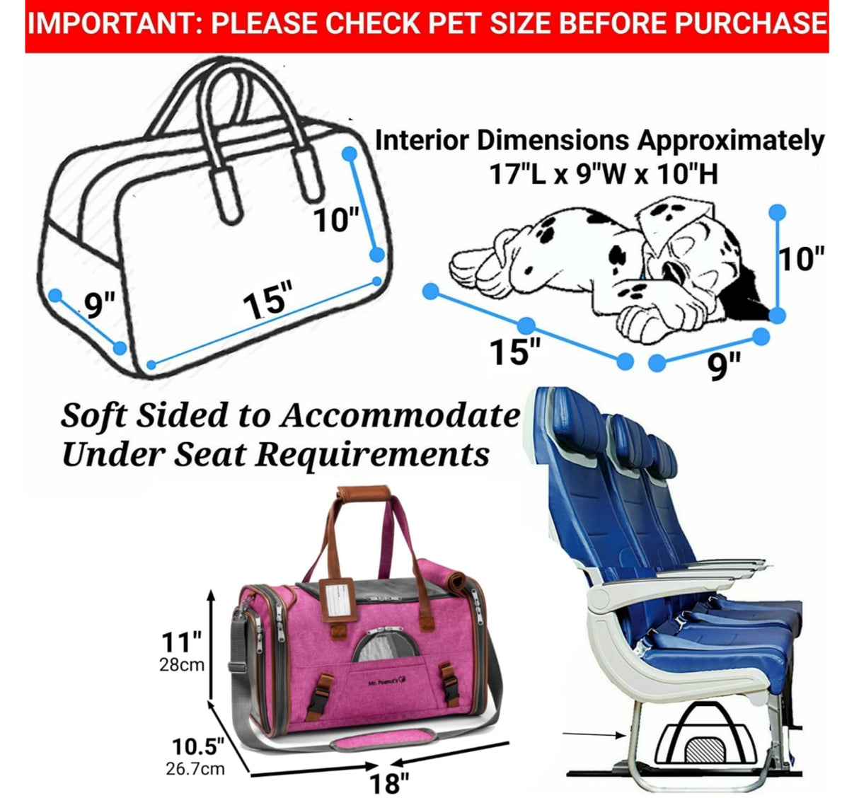Mr. Peanut's Airline Approved Soft Sided Pet Carrier, Low Profile Gold Series Tote, Premium Brand Self Locking Zippers, Under Seat Compatibility, Plush Faux Fleece Bedding with a Sturdy Plywood Base