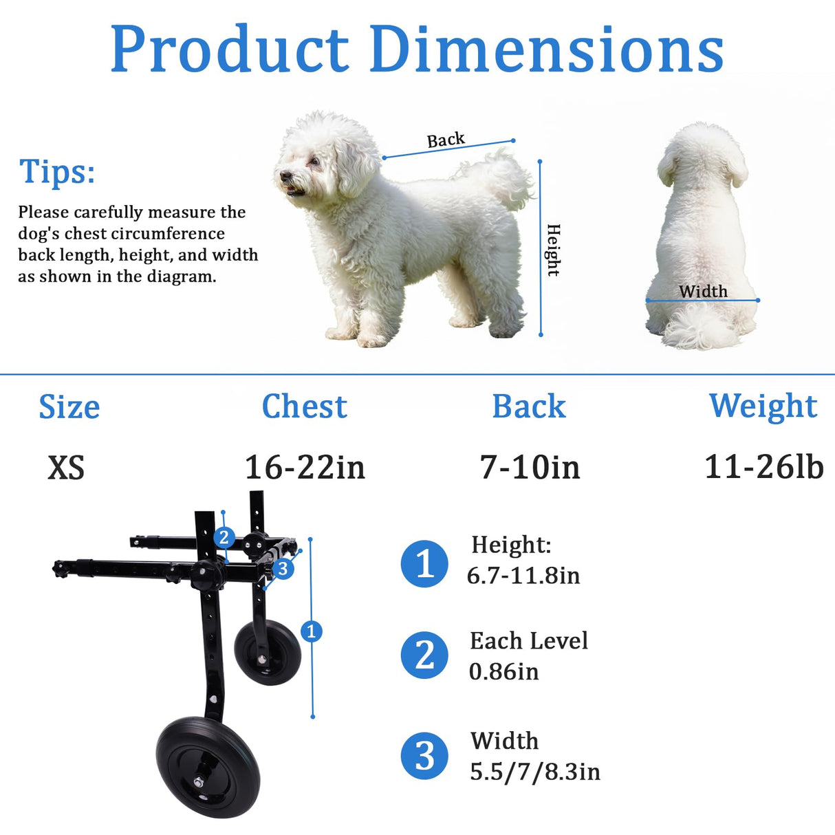 Dog Wheelchair for Back Legs - Adjustable Small Dog Wheelchair with 1.5mm Thickened Frame, Mobility Aid Support Cart for Disabled Hind Legs Rehab, Walking Wheels for Small Dogs