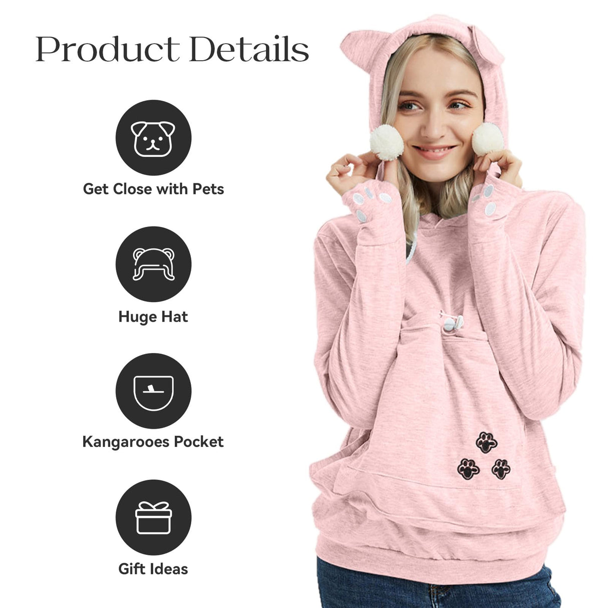 YYW Womens Pet Hoodies Pullover Sweatshirt Oversized Cat Hoodies Pet Holder Cat Dog Pouch Carriers (Pink,X-Large)