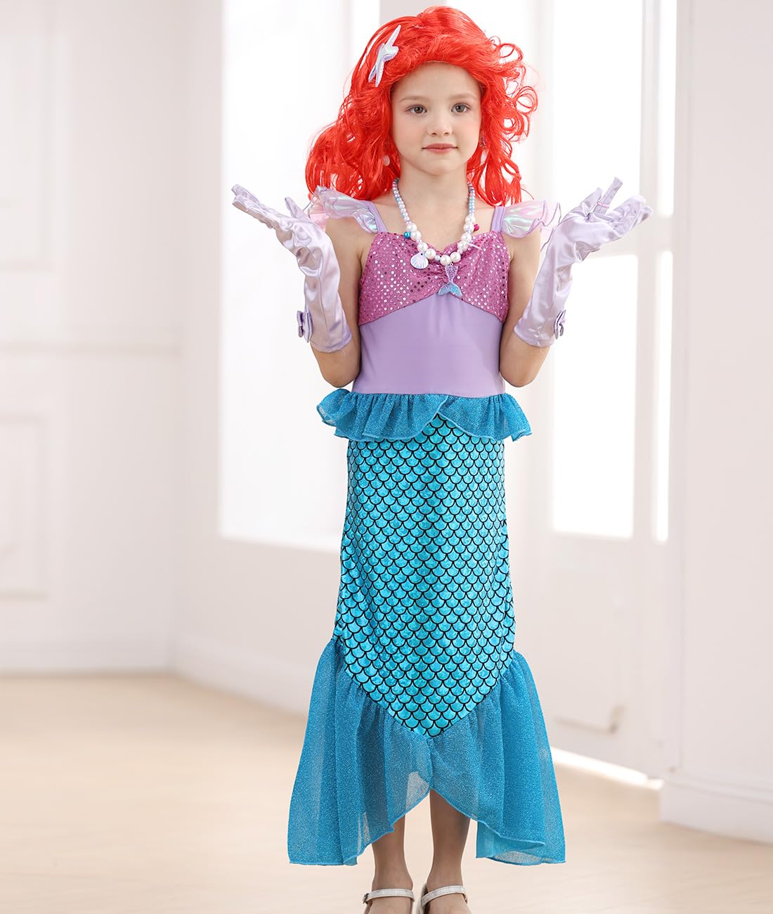 iTVTi Little Girls Mermaid Costume for Girls Princess Dress Up Ariel Outfits with Accessories Wig Birthday Party Halloween Cosplay, Blue, 5-6 Years(Tag 130)