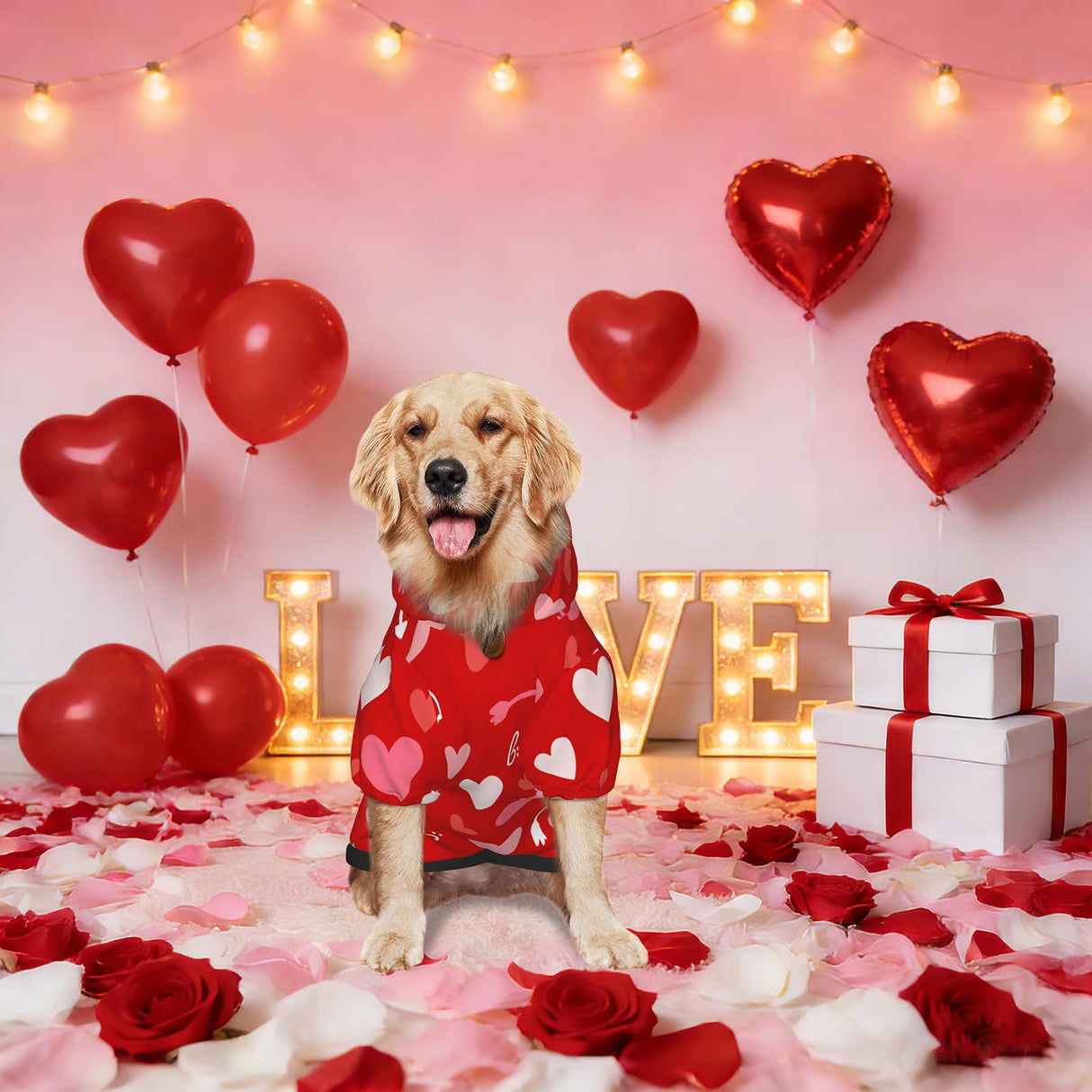 Valentine's Day Dog Costume Hoodie for Medium Large Dogs, Funny Heart Dog Outfit with Hood & Leash Hole, Warm SoftHoliday Valentine Sweatshirt Clothes for Dogs-M