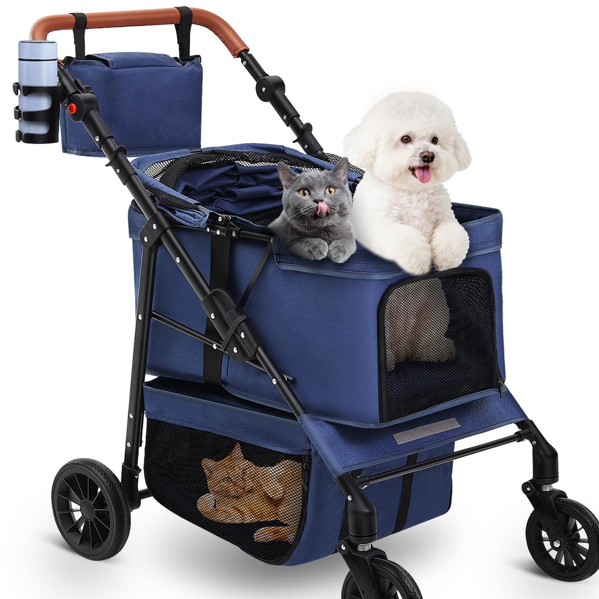All-Terrain Pet Stroller for 2 Small Dogs/Cats, Heavy Duty 4-Wheel Dog Stroller for Medium Dogs up to 20 lbs, Foldable Pet Pram with Storage Basket, Cup Holder, Adjustable Handle & Weatherproof Cover
